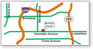 Minneapolis and St. Paul metro area map showing Hennepin Square convenient location